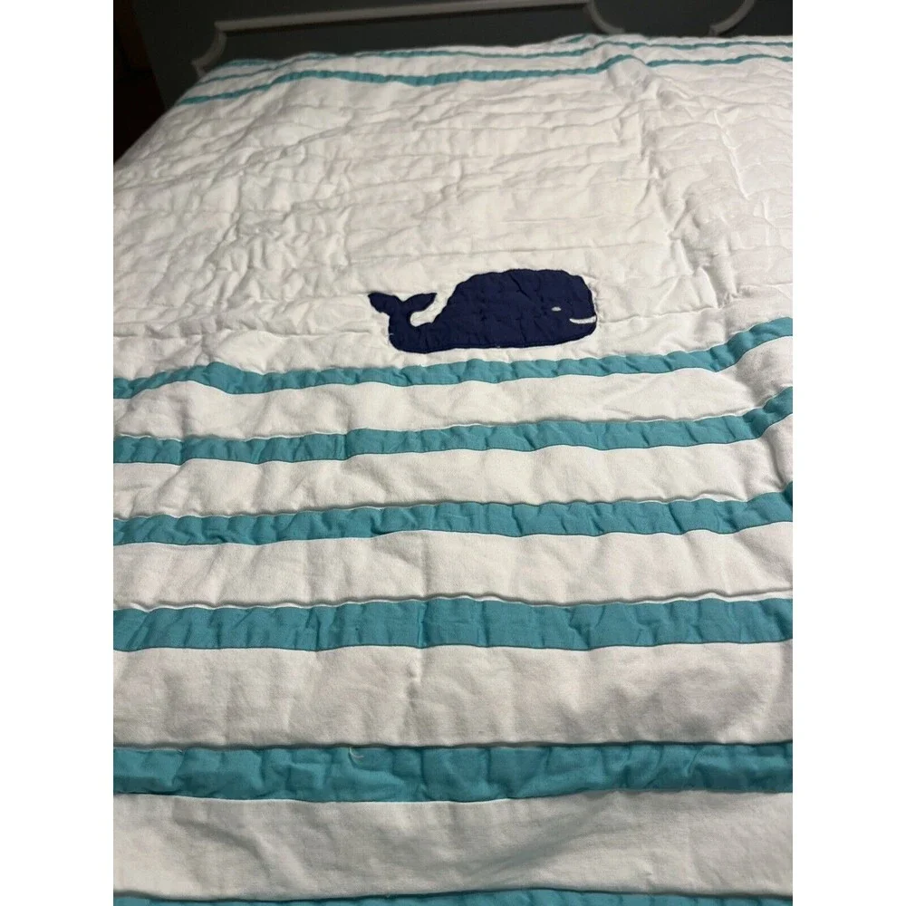 Pottery Barn Kids Hamptons Whale White Teal Baby Blue Toddler Crib Quilt 36x50”